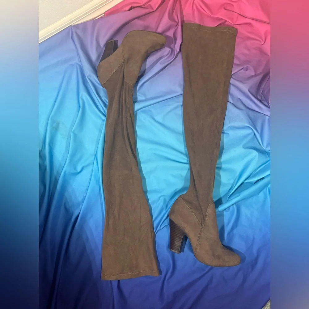 Well worn suede thigh high above knee boot heels MIA